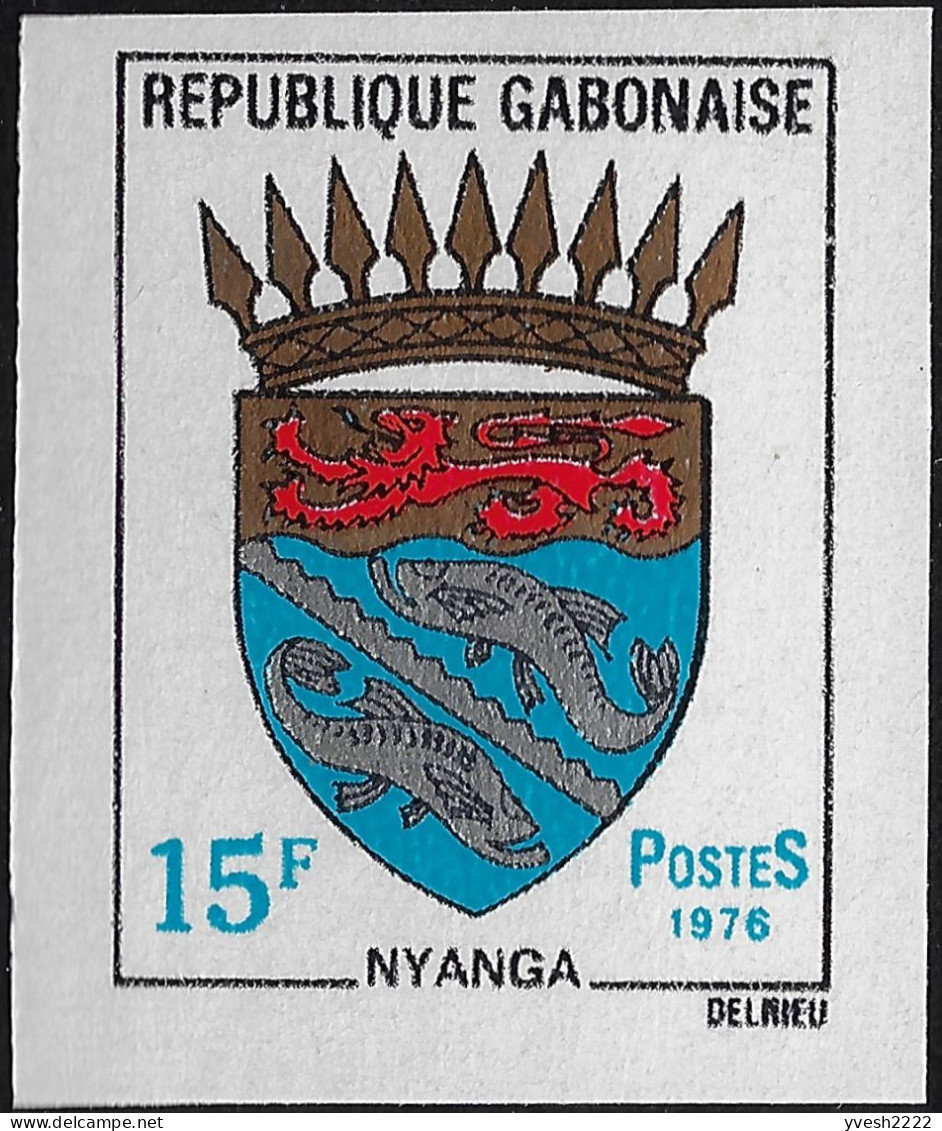 Gabon 1976 Y&T 365 à 367 Non Dentelés. Armoiries De Villes VI. Poissons, Feu, Marteaux - Timbres