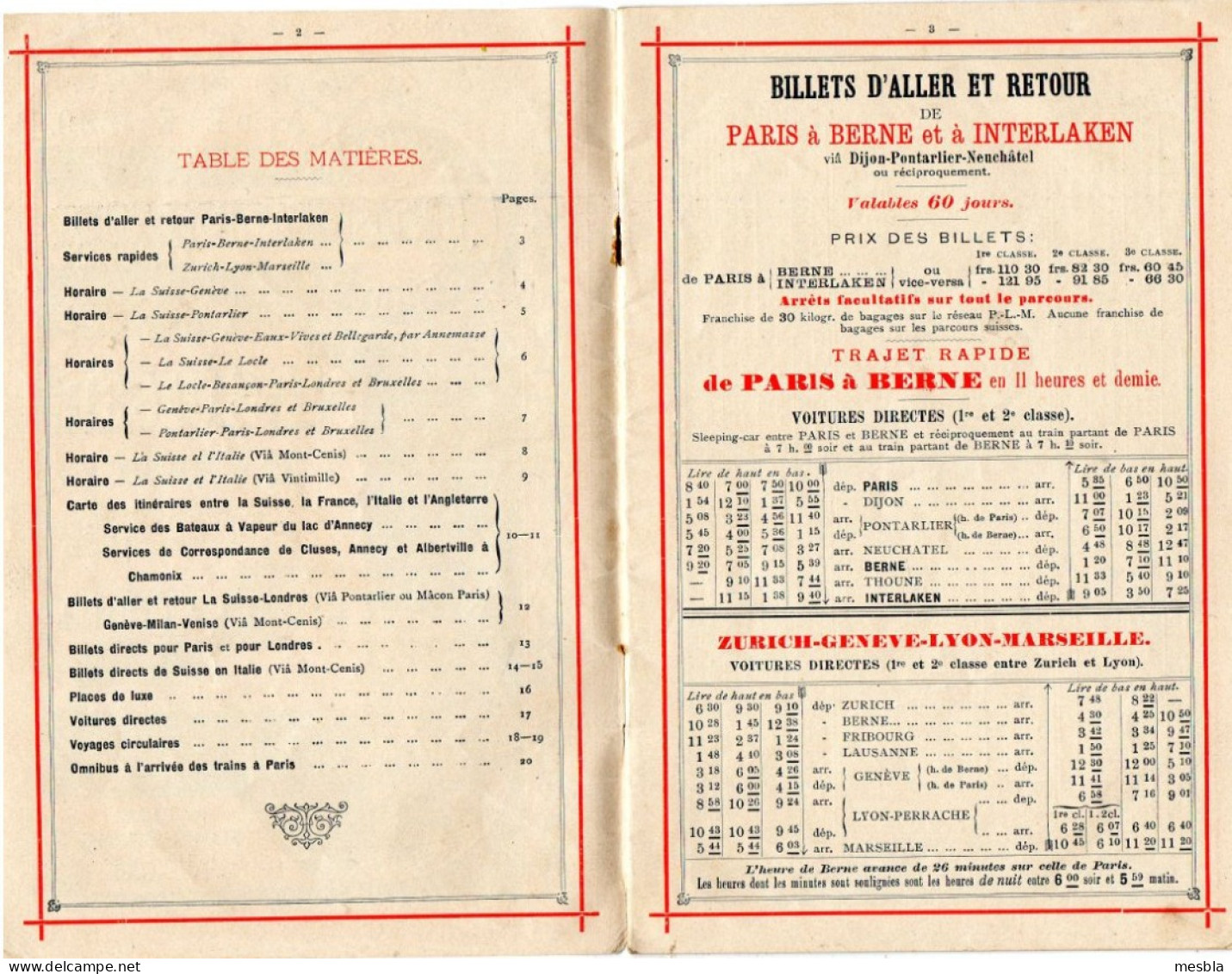 PARIS - LYON - MEDITERRANEE - Service Rapides Entre La SUISSE, La FRANCE, L' ITALIE Et L' ANGLETERRE, SAISON  .1890 - Europe