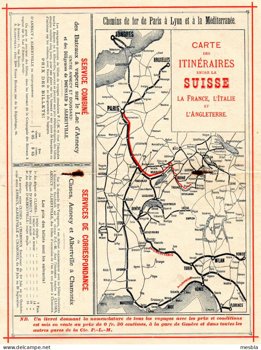 PARIS - LYON - MEDITERRANEE - Service Rapides Entre La SUISSE, La FRANCE, L' ITALIE Et L' ANGLETERRE, SAISON  .1890 - Europa