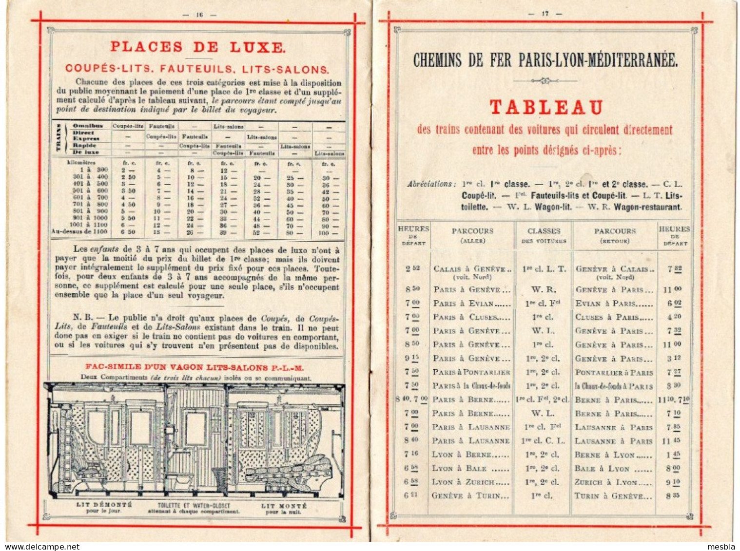 PARIS - LYON - MEDITERRANEE - Service Rapides Entre La SUISSE, La FRANCE, L' ITALIE Et L' ANGLETERRE, SAISON  .1890 - Europe