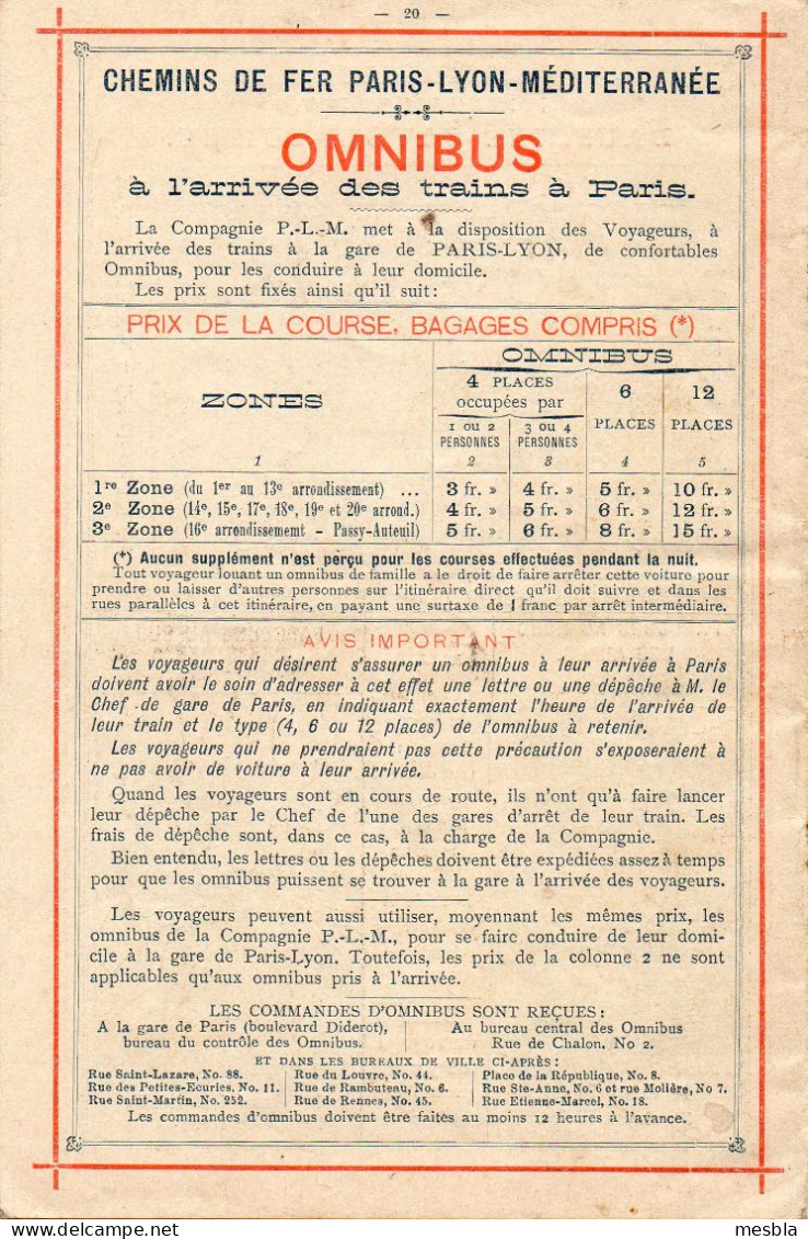 PARIS - LYON - MEDITERRANEE - Service Rapides Entre La SUISSE, La FRANCE, L' ITALIE Et L' ANGLETERRE, SAISON  .1890 - Europa