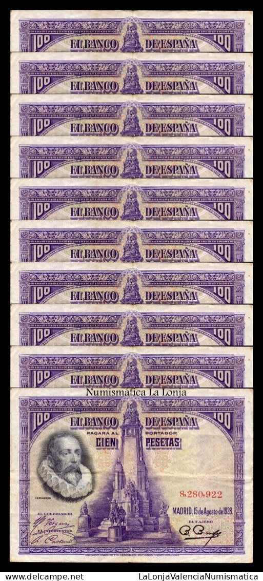 España Spain Lote 10 Billetes 100 Pesetas Cervantes 1928 Pick 76 Bc/Mbc F/Vf - 100 Peseten