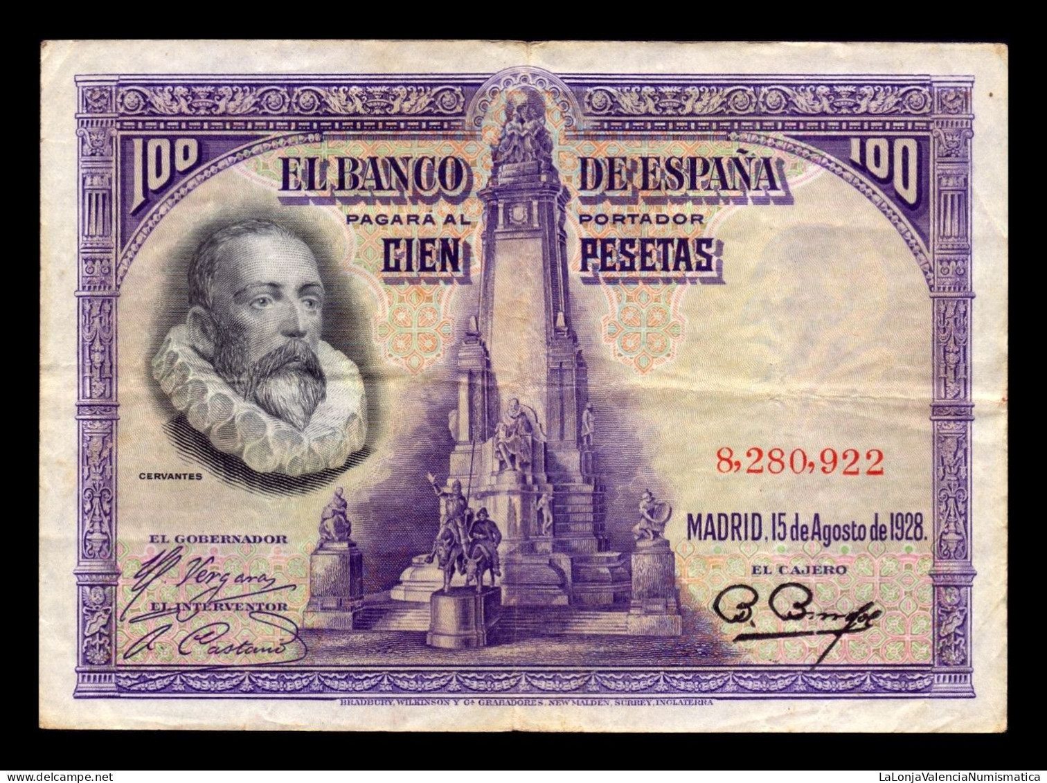 España Spain Lote 10 Billetes 100 Pesetas Cervantes 1928 Pick 76 Bc/Mbc F/Vf - 100 Peseten