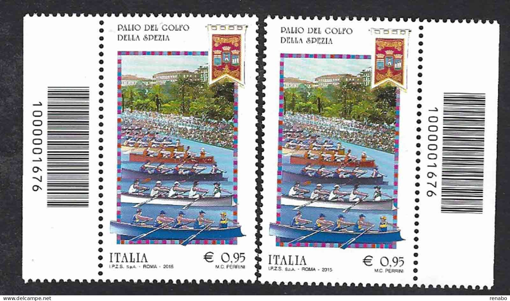 Italia 2015; Palio Del Golfo Della Spezia: Due Francobolli A Barre Opposte. - Bar-code