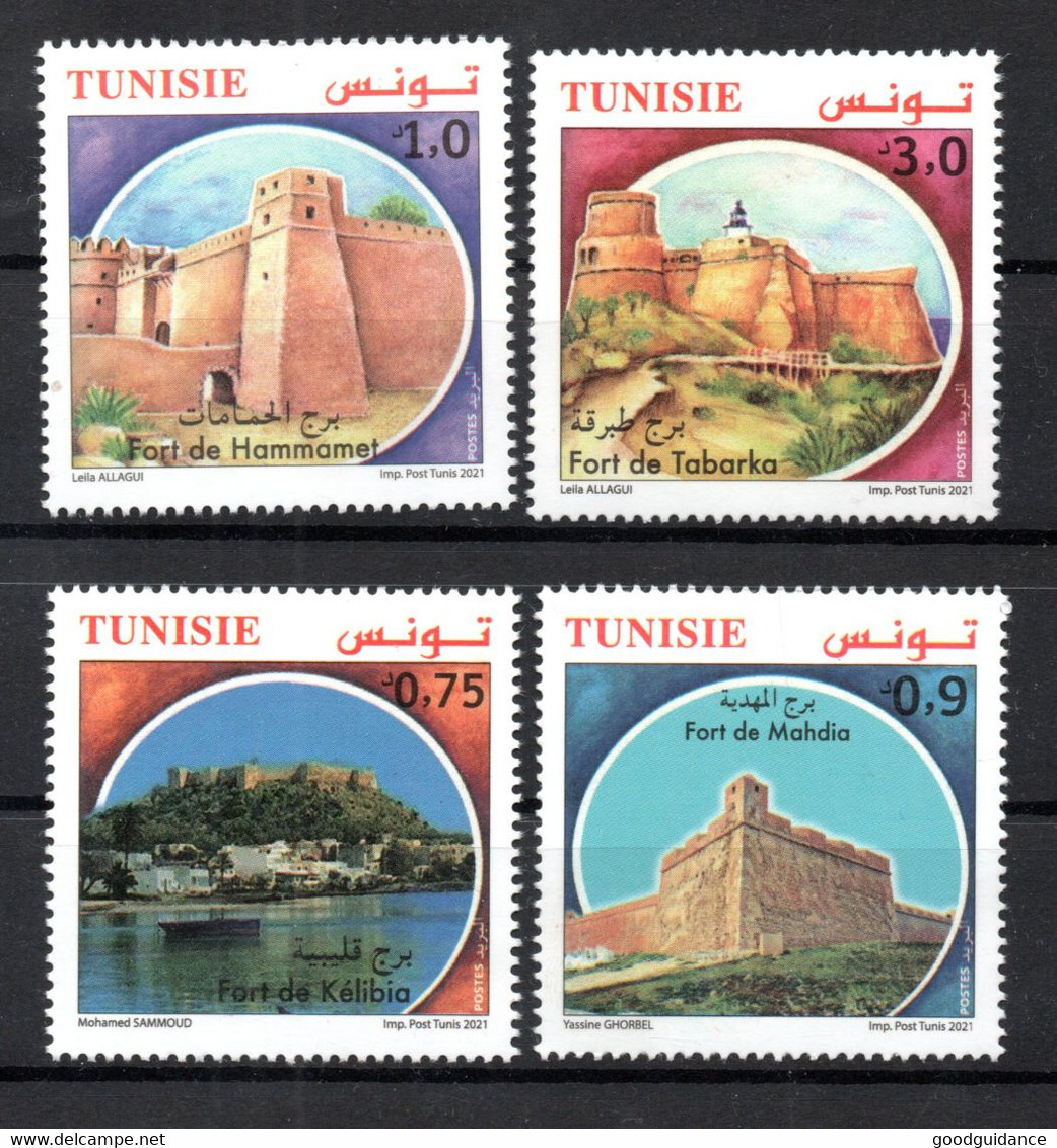 2021- Tunisia - Forts From Tunisia -Tabarka Fort - Hammamet Fort  - Kelibia Fort - Mahdia Fort - Complete Set 4v.MNH** - Monumentos