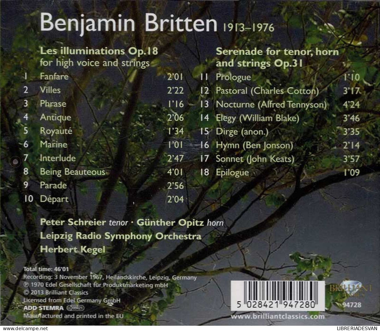 Benjamin Britten, Peter Schreier - Serenade For Tenor, Horn And Strings, Les Illuminations. CD - Klassik