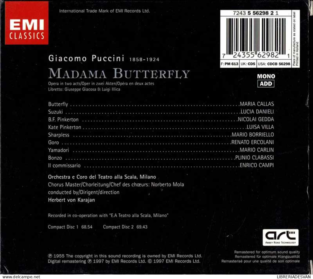 Puccini. Maria Callas, Lucia Danieli, Nicolai Gedda, Mario Borriello. Karajan - Madama Butterfly. 2 X CD - Klassik