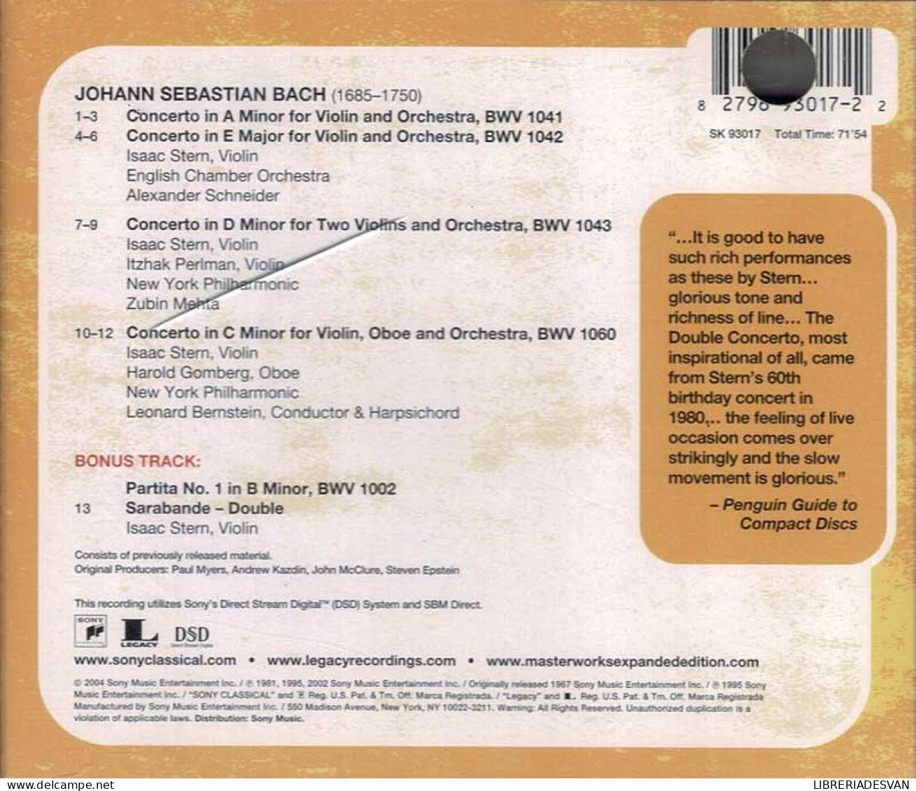 J.S. Bach, Isaac Stern - Violin Concertos BWV 1041/42, BWV 1043, BWV 1060. CD - Klassik