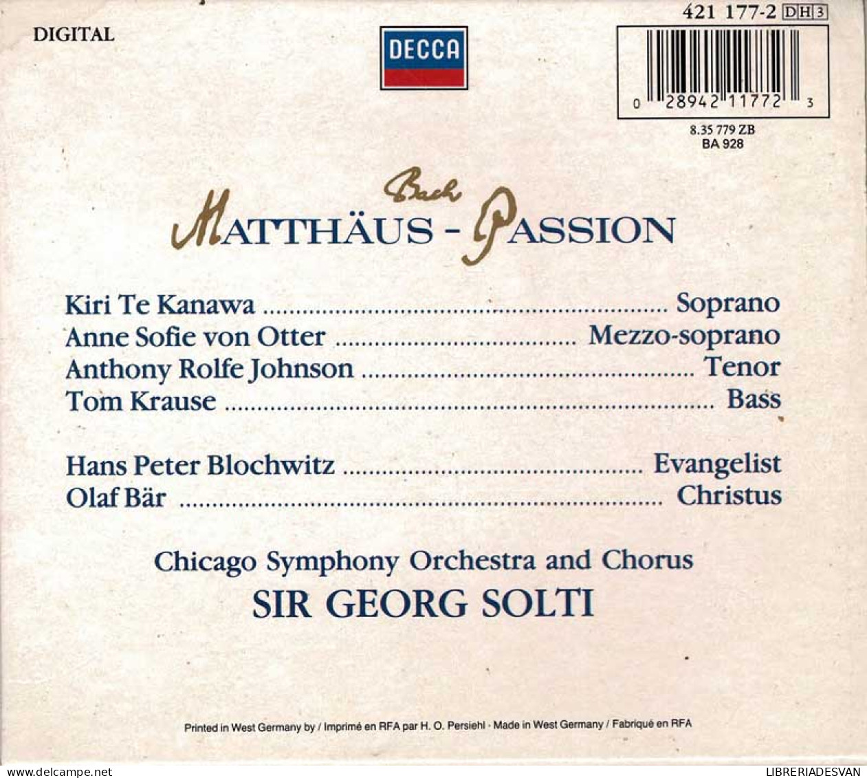 Bach - Matthaus Passion. Chicago Symphony. Solti. Box 3 CD + Libro - Classical