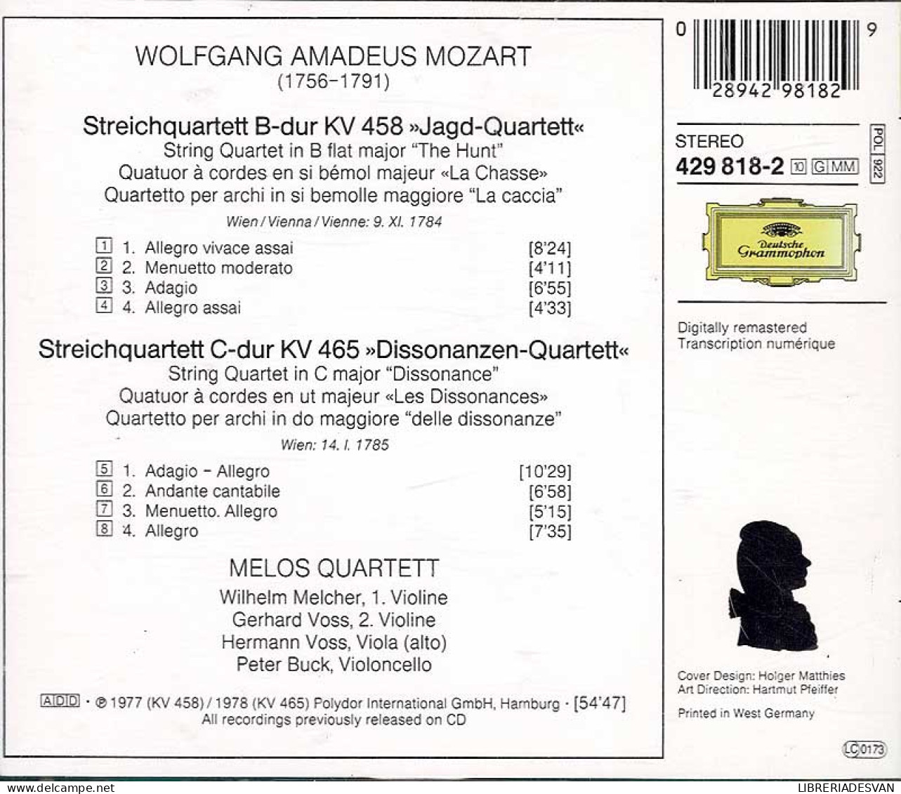 Wolfgang Amadeus Mozart, Melos Quartet - String Quartets. The Hunt. Dissonance. CD - Klassiekers