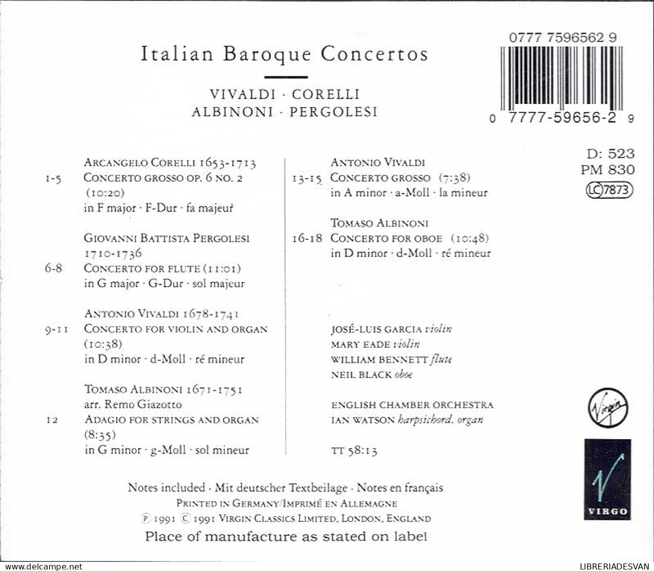 Vivaldi, Corelli, Albinoni, Pergolesi - Italian Baroque Concertos. CD - Classica