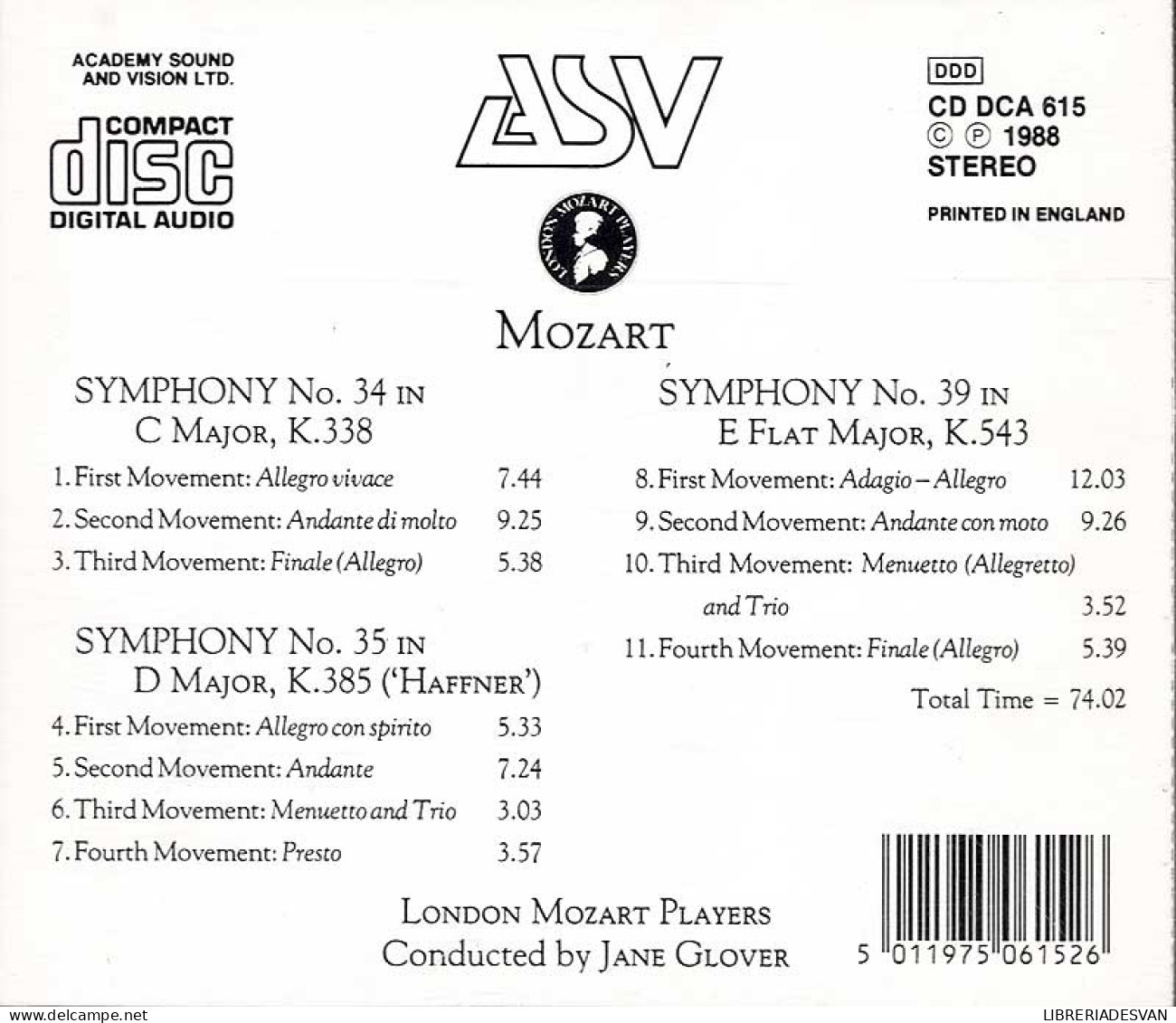 Mozart - London Mozart Players, Jane Glover - Symphonies 34, 35 & 39. CD - Classique