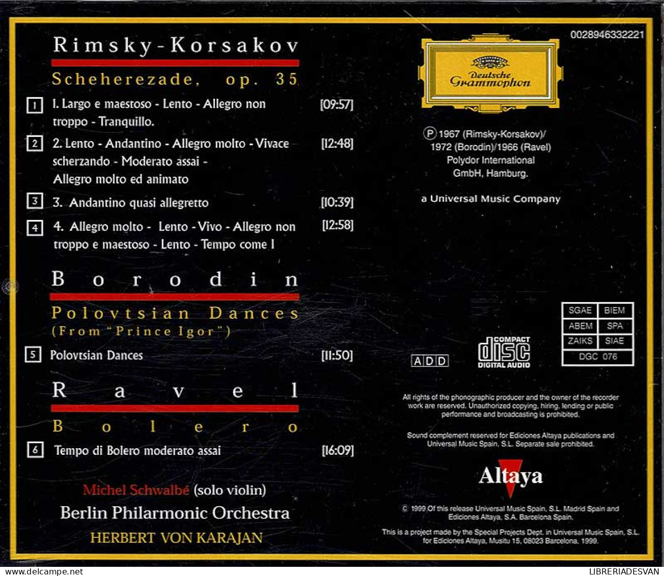 Karajan - Rimsky-Korsakov, Borodin, Ravel - Scheherezade, Danzas Polovtsianas, Bolero. CD - Classique