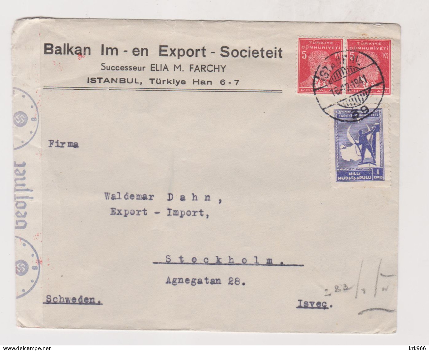 TURKEY  1941 ISTANBUL Censored Cover To Sweden - Covers & Documents