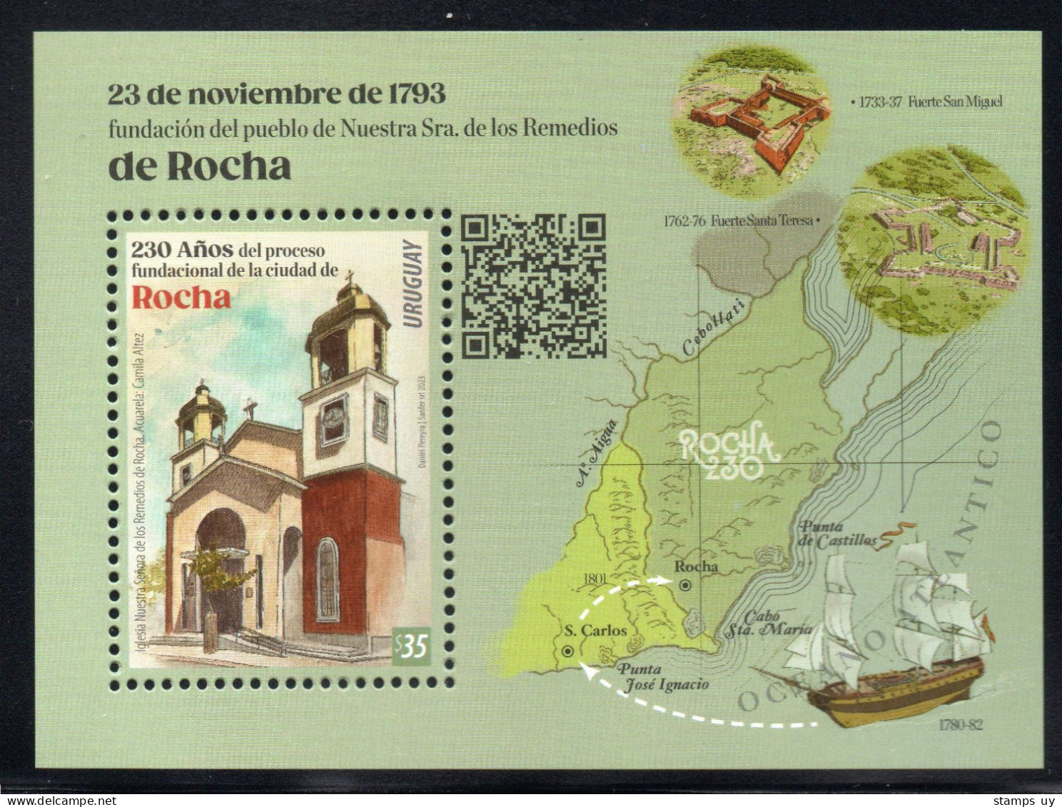 URUGUAY 2023 (Church, Ship, Fortification, Architecture, Military, Christianism, Saint Michael, Saint Teresa) - 1 Block - Iglesias Y Catedrales