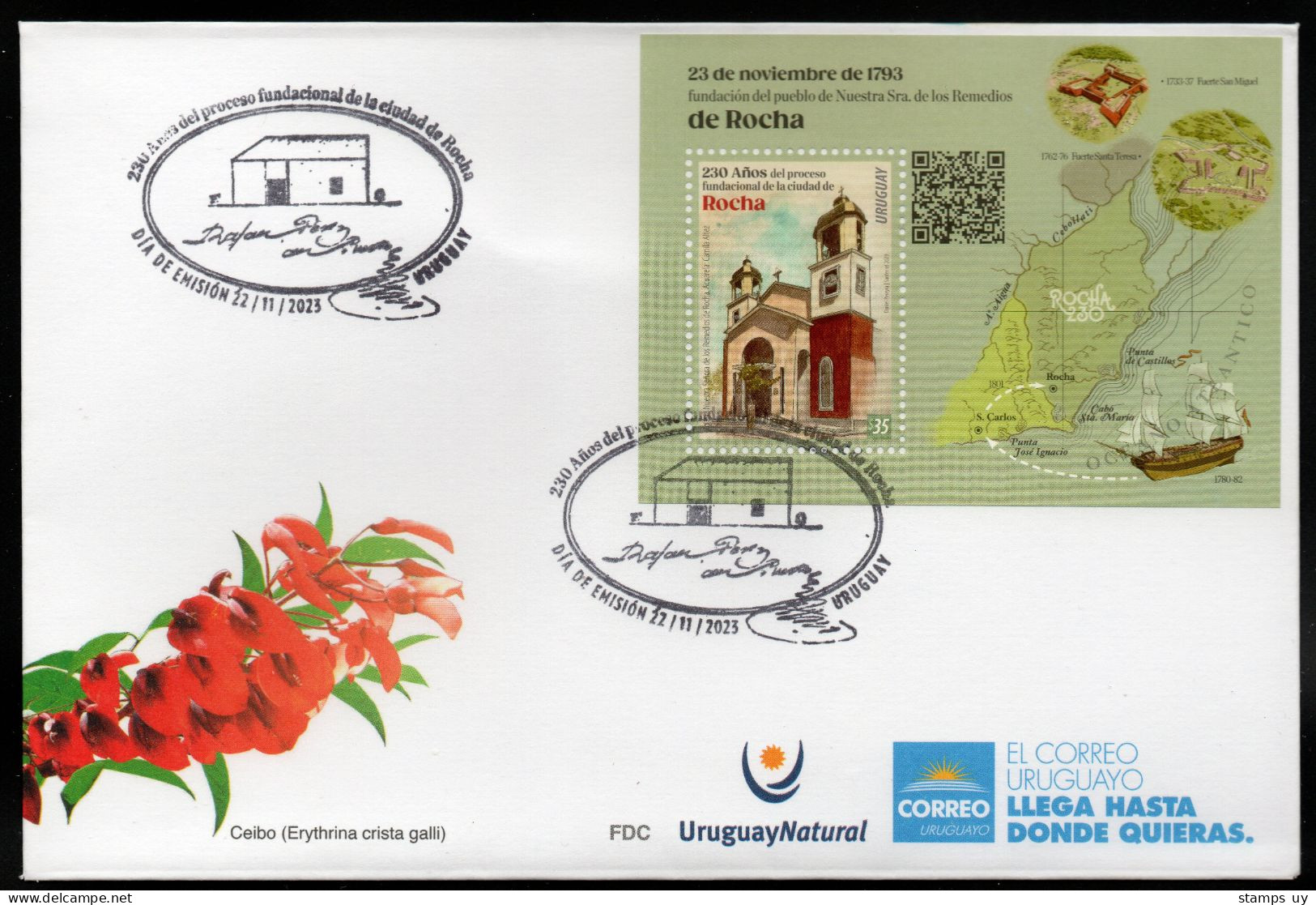 URUGUAY 2023 (Churchs, Ships, Fortifications, Architecture, Military, Christianism, Saint Michael, Saint Teresa) - 1 FDC - Iglesias Y Catedrales