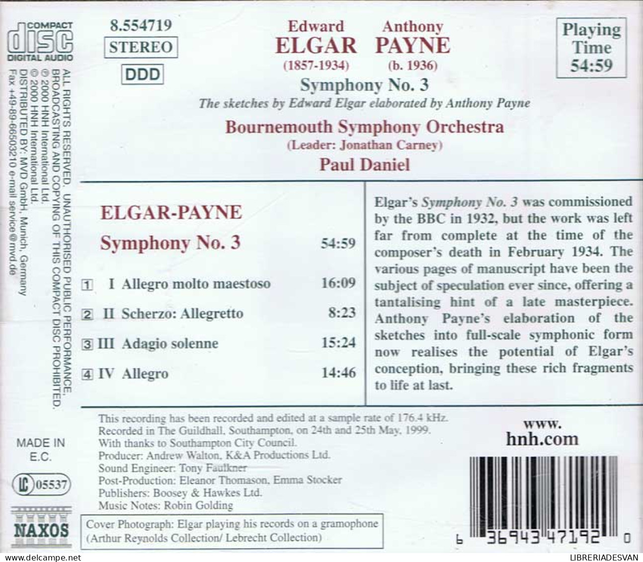 Edward Elgar & Anthony Payne. Bournemouth Symphony Orchestra - Symphony No. 3. CD - Klassik