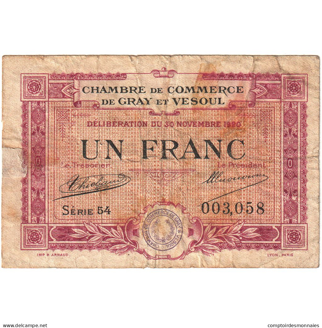 France, Gray Et Vesoul, 1 Franc, 1920, TB, Pirot:62-17 - Cámara De Comercio