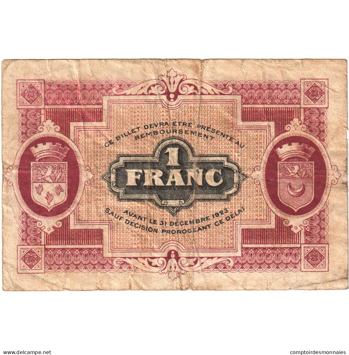 France, Gray Et Vesoul, 1 Franc, 1920, TB, Pirot:62-17 - Cámara De Comercio