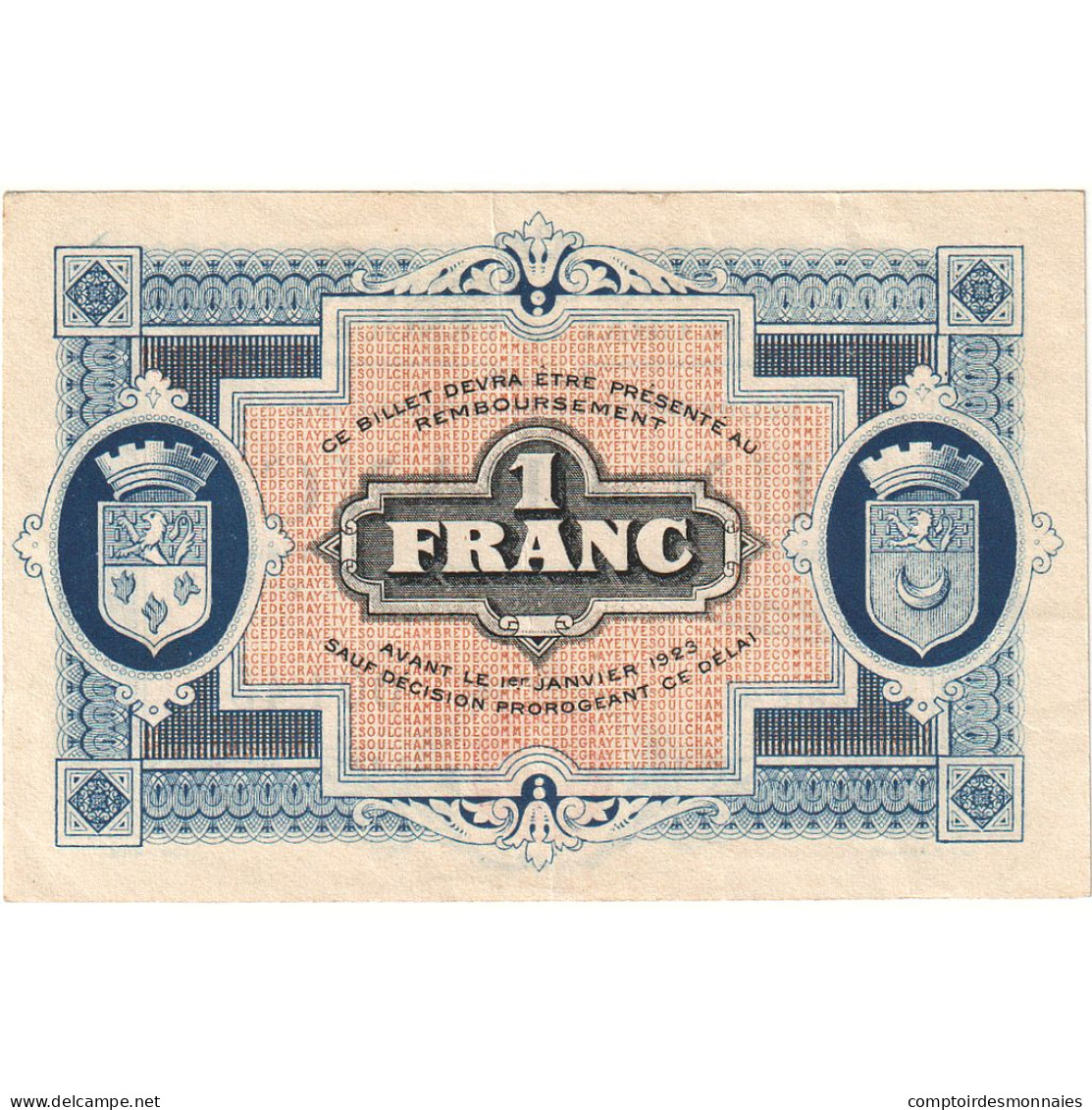 France, Gray Et Vesoul, 1 Franc, 1919, TTB+, Pirot:62-13 - Chambre De Commerce