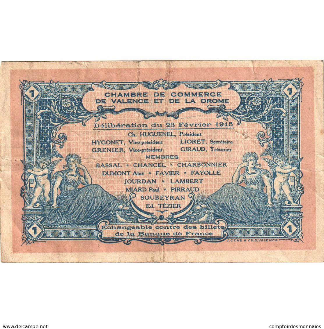 France, Valence, 1 Franc, 1915, TB+, Pirot:127-7 - Handelskammer