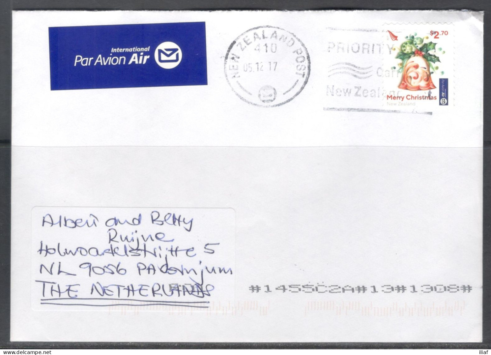 New Zealand. Stamps Mi.3522 On Air Mail Letter, Sent From Wellington On 5.12.2017 To The Netherlands - Storia Postale