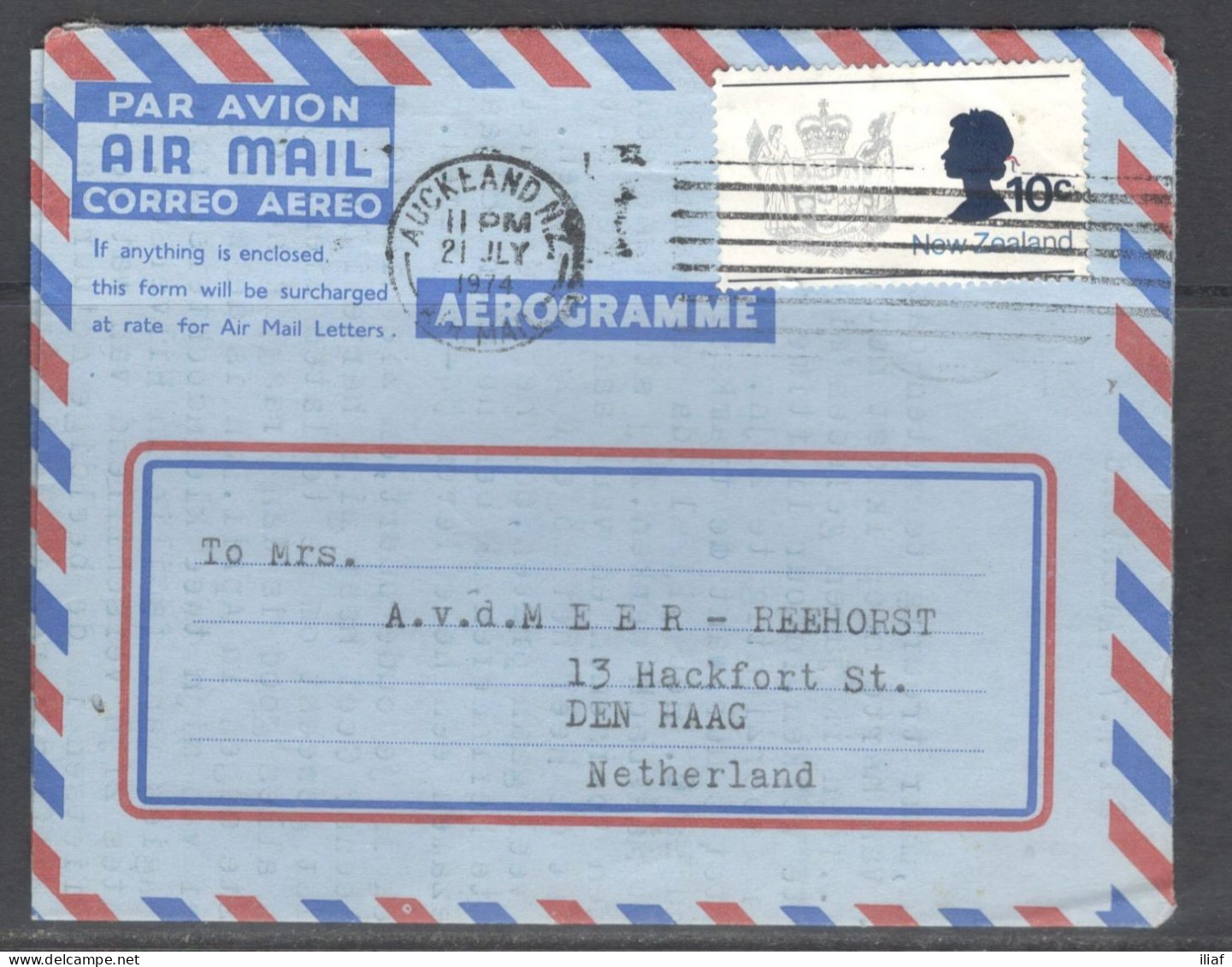 New Zealand. Aerogramme.  Stamp Sc. 449 On Air Mail Aerogramme, Sent From Auckland On 21.07.1961 To Netherlands - Luchtpost