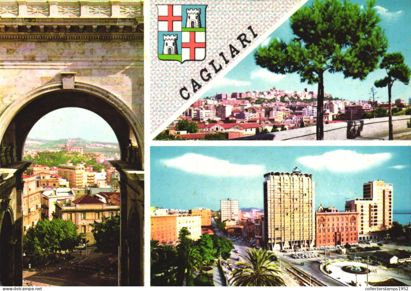 CAGLIARI, SARDEGNA, MULTIPLE VIEWS, ARCHITECTURE, GATE, EMBLEM, FOUNTAIN, ITALY, POSTCARD - Cagliari