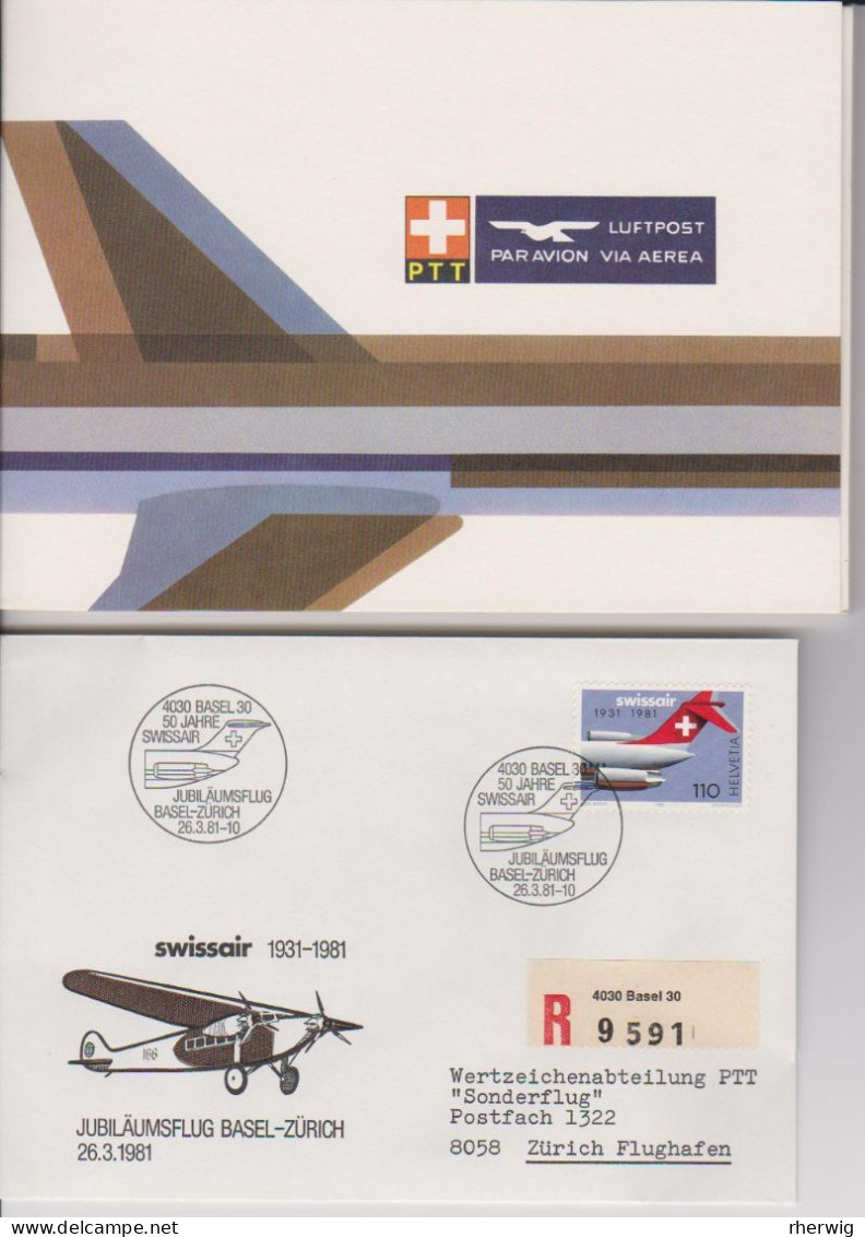 Schweiz, 1981, Pro Aero -  Folder Mit 5 Luftpostbriefen, Mit Jubiläumsflügen Befördert - Brieven En Documenten