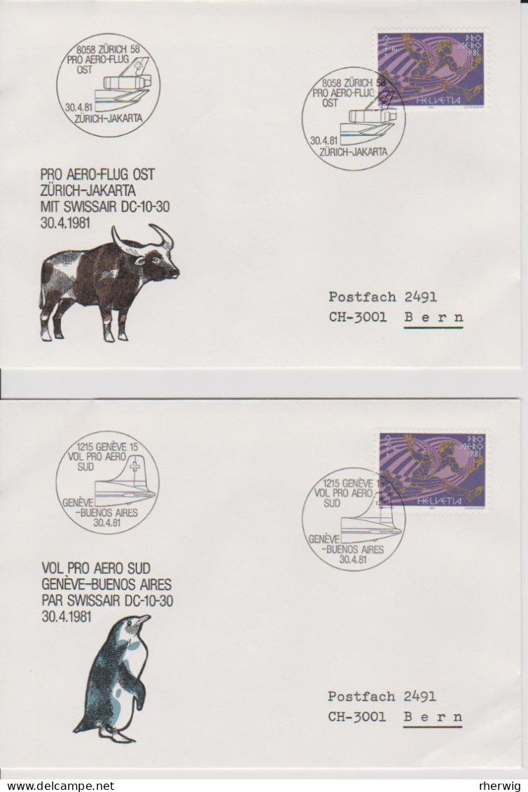 Schweiz, 1981, Pro Aero -  Folder Mit 5 Luftpostbriefen, Mit Jubiläumsflügen Befördert - Storia Postale