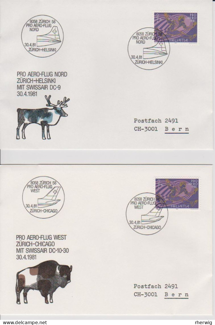 Schweiz, 1981, Pro Aero -  Folder Mit 5 Luftpostbriefen, Mit Jubiläumsflügen Befördert - Lettres & Documents