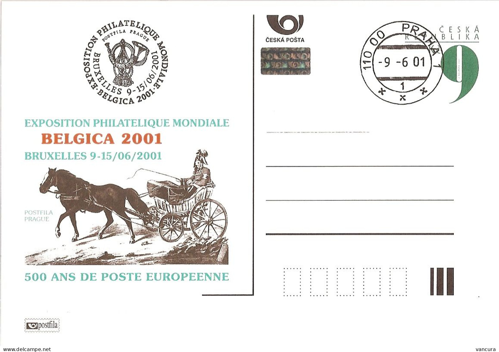 CDV A 70 Czech Republic Belgica Stamp Exhibition 2001 Coach Horse - Cartes Postales