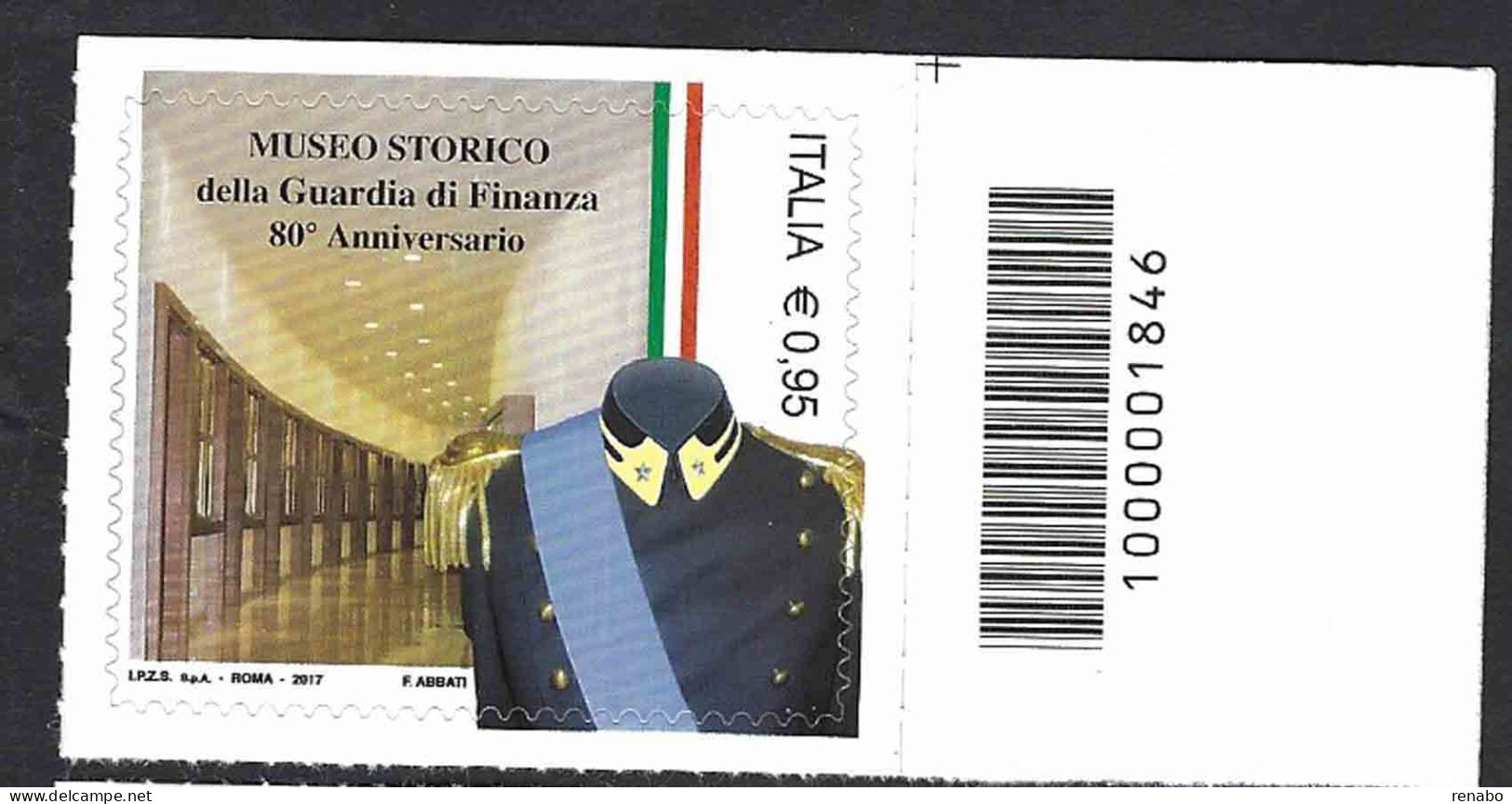 Italia 2017; Museo Storico Della Guardia Di Finanza, Nell’80° Anniversario: Francobollo A Barre. - Bar-code