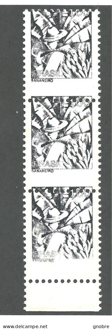 BRAZIL ERROR VARIETY STRIP 03 STAMPS NEW IRREGULAR IDENTATION BANANEIRO 1976 - Unused Stamps