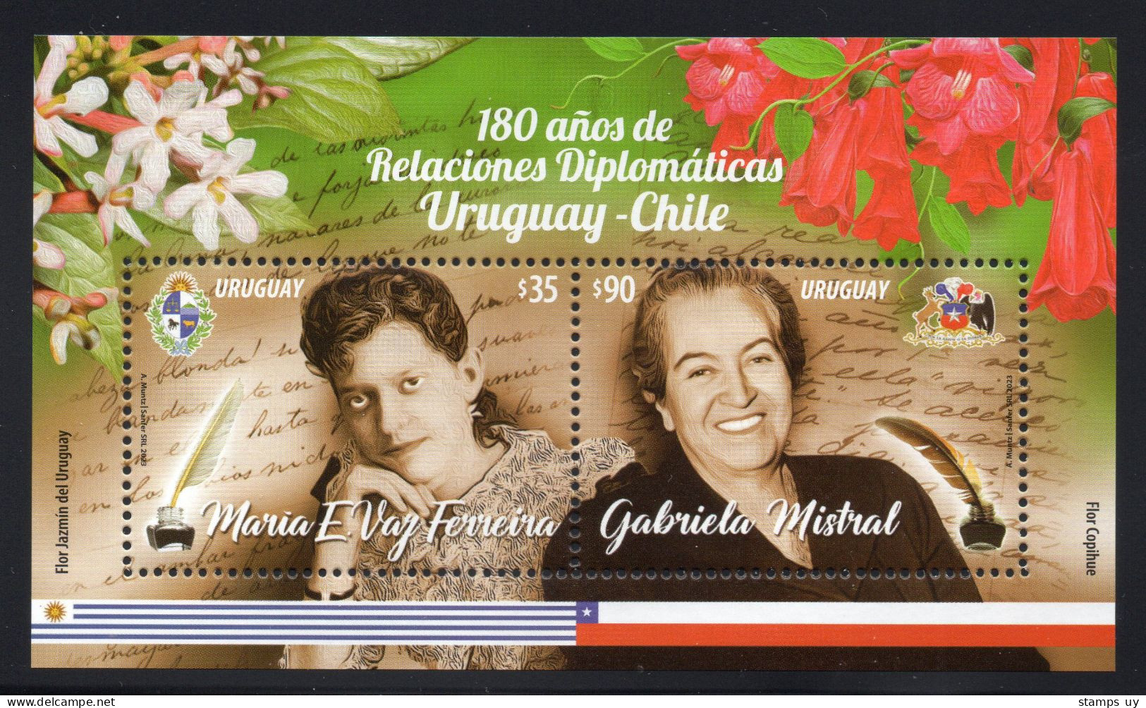 URUGUAY 2023 (Diplomacy, Chile, Poets, M E Vaz Ferreira, Gabriela Mistral, Nobel Prize, Literature, Flowers) - 1 Block - Sellos