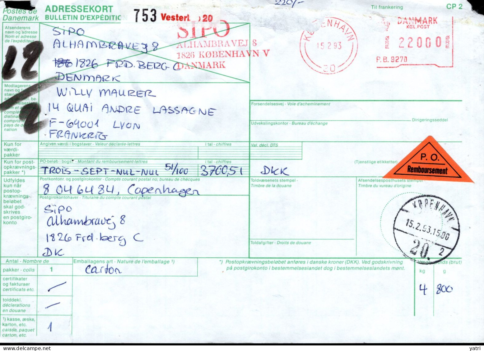 Danimarca (1993) - Bollettino Pacchi Per La Francia - Paquetes Postales