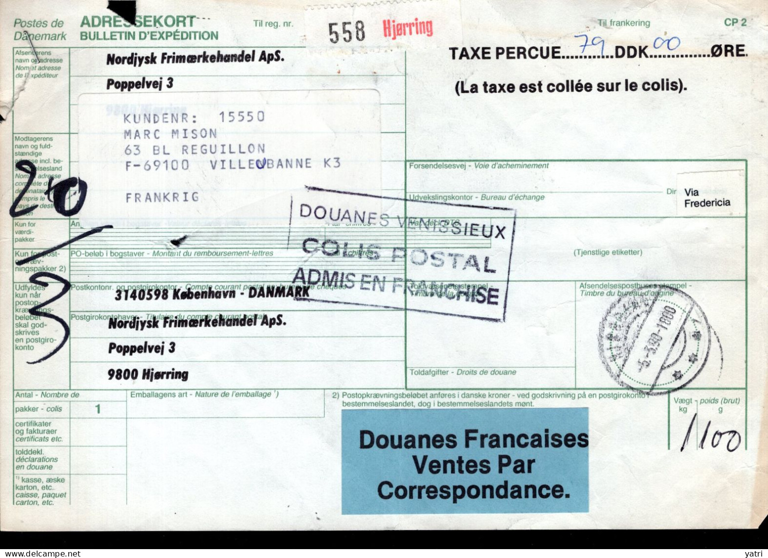 Danimarca (1990) - Bollettino Pacchi Per La Francia - Paquetes Postales
