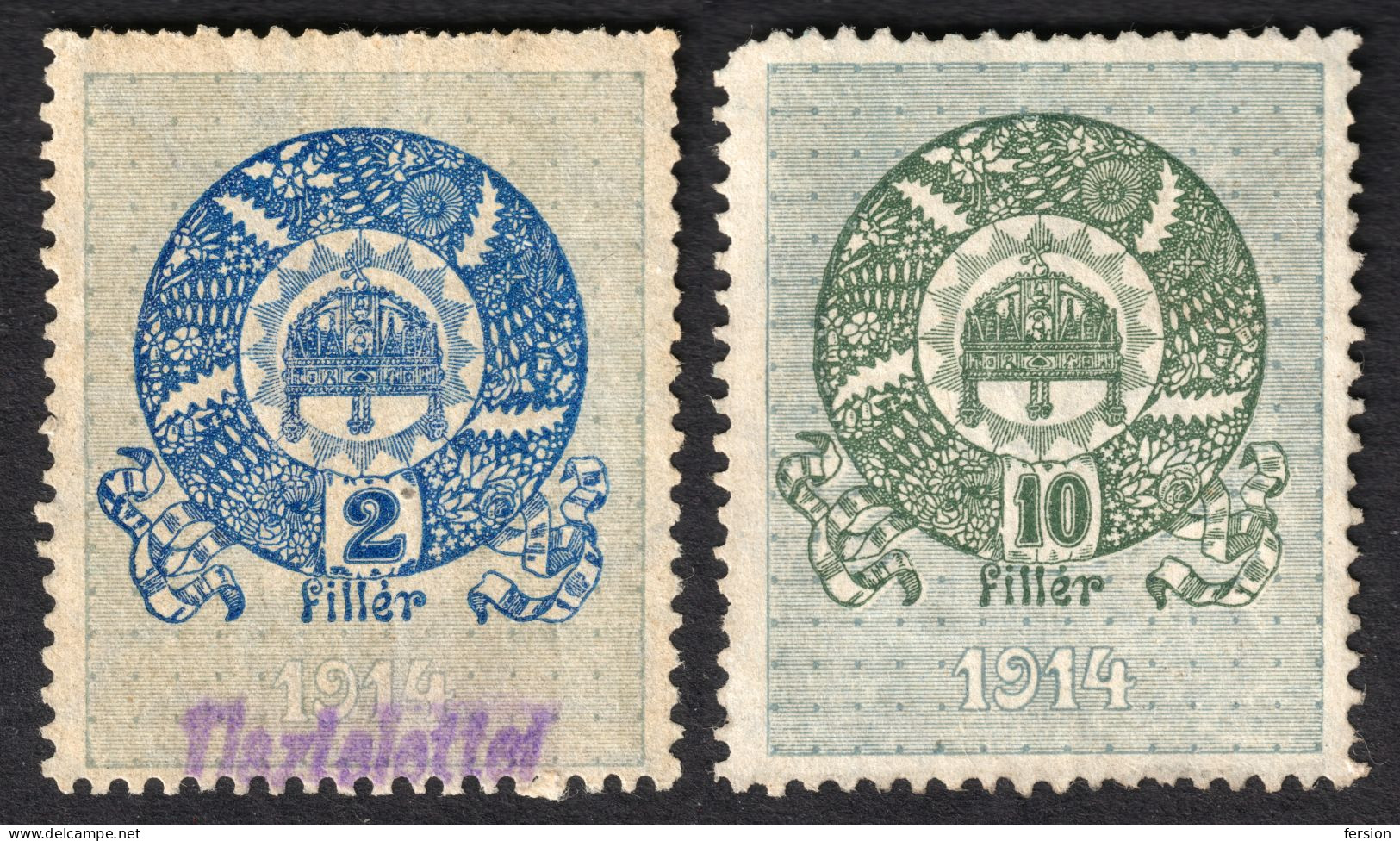 1914 Hungary - Tax Fiscal Judaical Revenue Stamp - 2 & 10 Fill - Used - HOLY CROWN Sacra Corona - Fiscaux