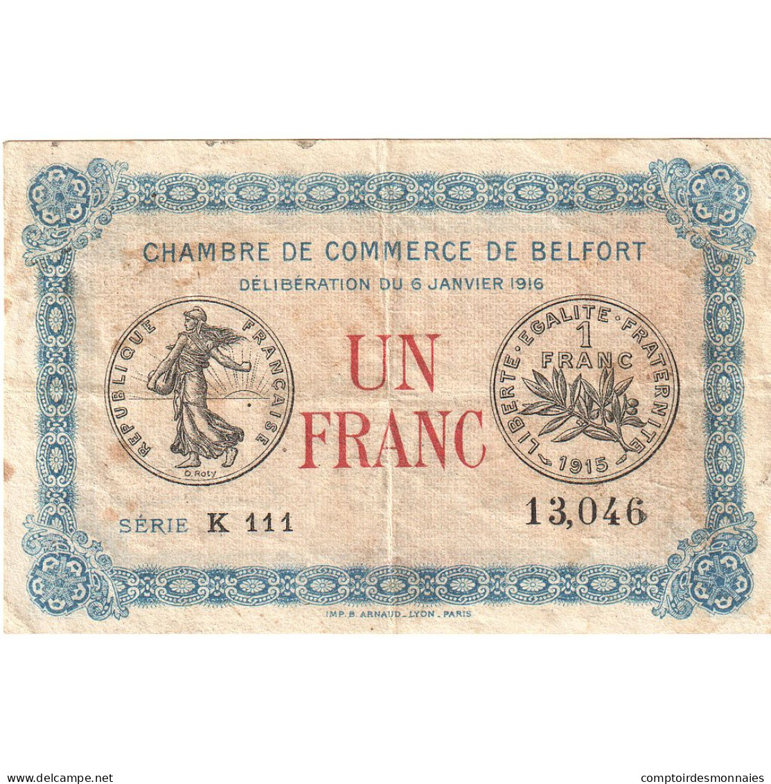 France, Belfort, 1 Franc, 1916, TTB, Pirot:23-40 - Camera Di Commercio