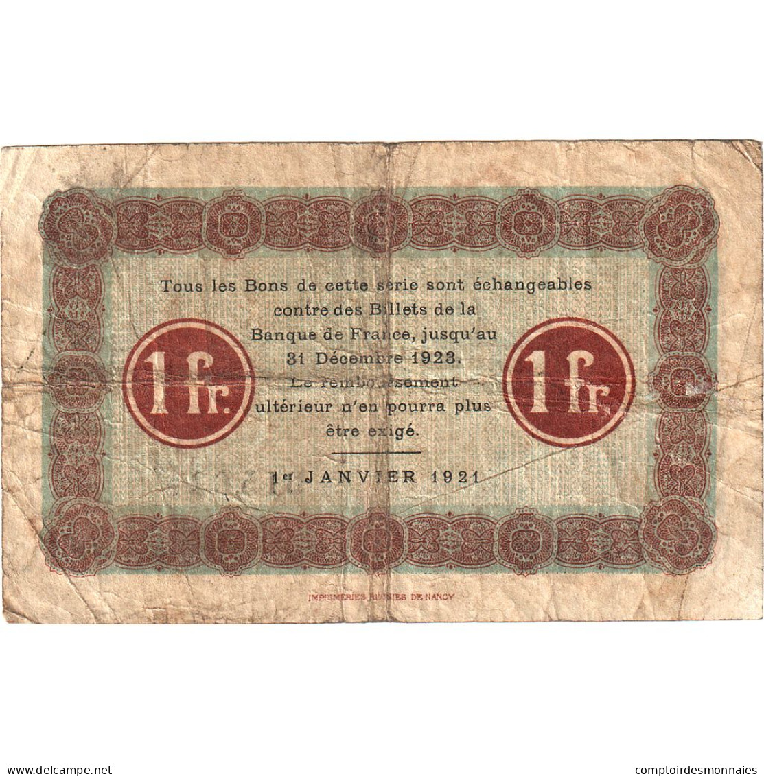 France, Nancy, 1 Franc, 1921, TB, Pirot:87-49 - Camera Di Commercio