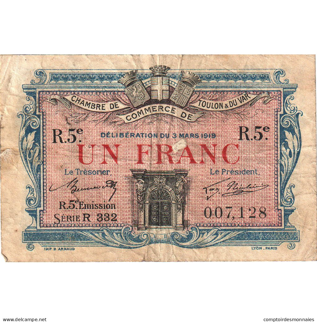 France, Toulon, 1 Franc, 1919, Chambre De Commerce, TB, Pirot:121-4 - Handelskammer