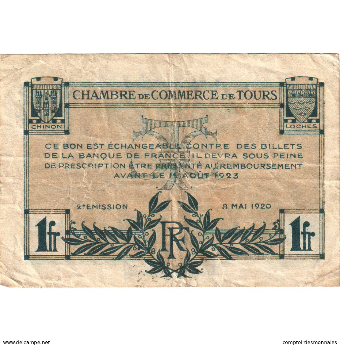 France, Tours, 1 Franc, 1920, TB+, Pirot:123-4 - Handelskammer