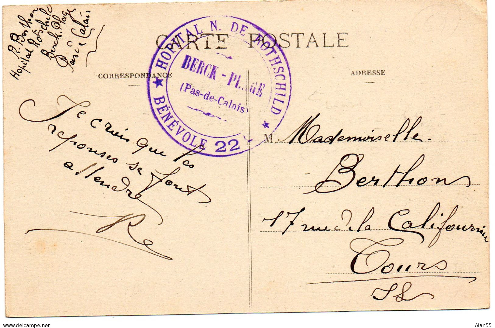 1915. "HOPITAL BENEVOLE N°22.NATHANIEL DE ROTHSCHILD". BERCK-PLAGE (PAS-DE-CALAIS). - Prima Guerra Mondiale