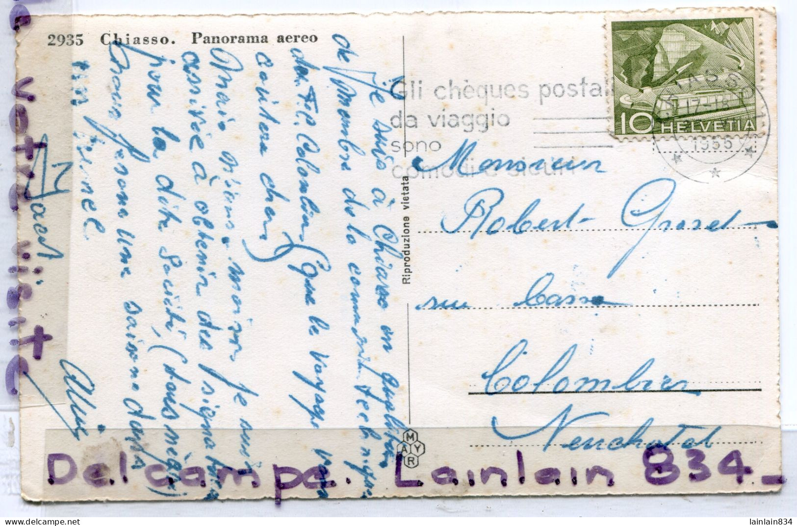 - 2935 - Chiasso Panorama Aereo -  ( TT Tessin), Petit Format, écrite, 1955, La Gare, Flamme, TTBE, Scans. - Chiasso