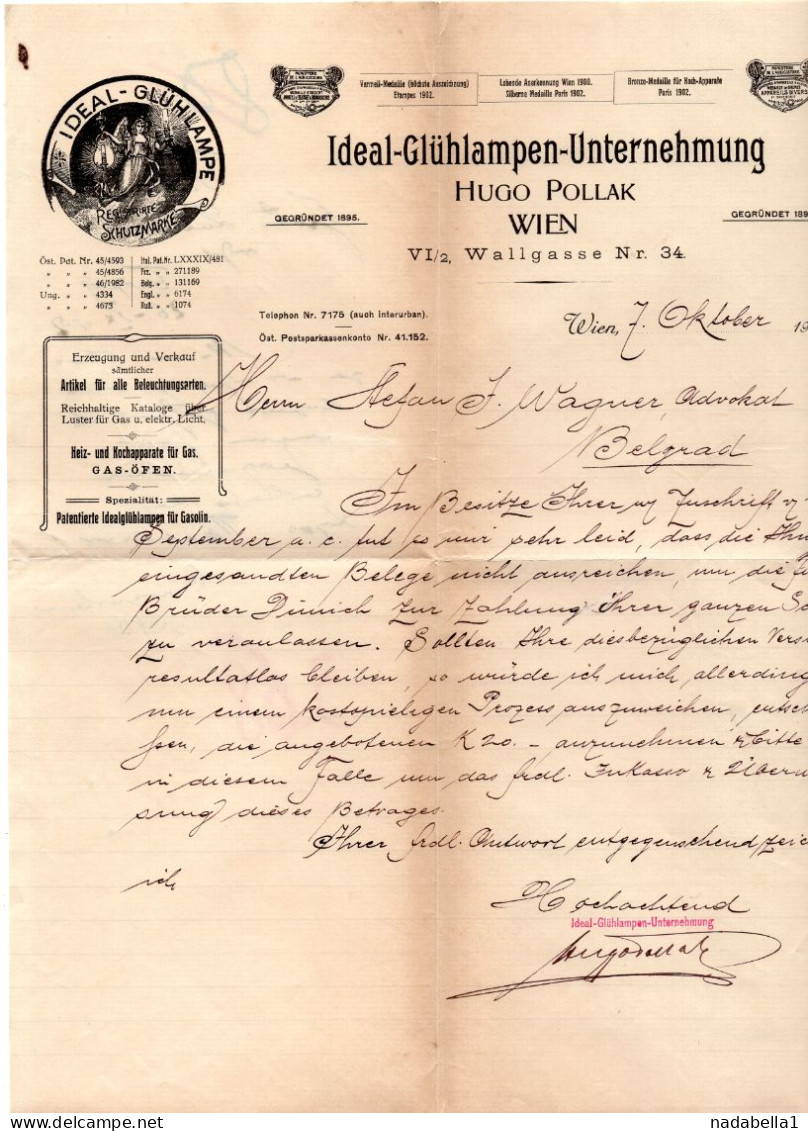 1907. AUSTRIA,VIENNA,LIGHTBULBS,HUGO POLLAK LETTERHEAD,SENT TO SERBIA,BELGRADE - Autriche