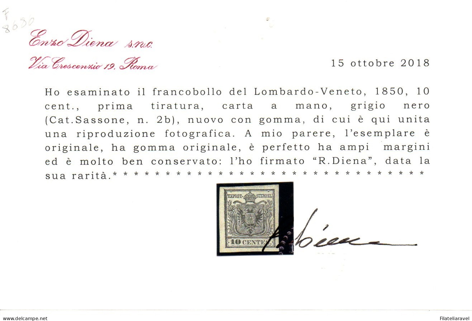 * 1850 Lombardo Veneto 10 Cent. Nero Nuovo Con Gomma Cert. E.Diena Sassone N2 (11000) - Lombardo-Vénétie