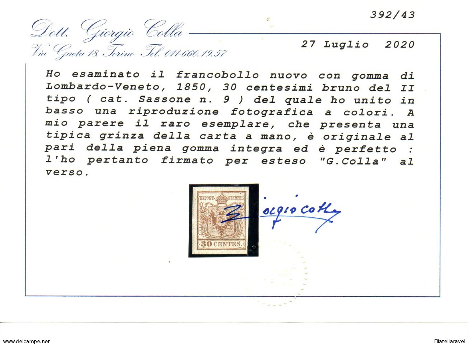 * 1850 Lombardo Veneto 30 Cent Bruno Nuovo Con Gomma Sass. N8 (II Tipo) (21000) - Lombardo-Veneto