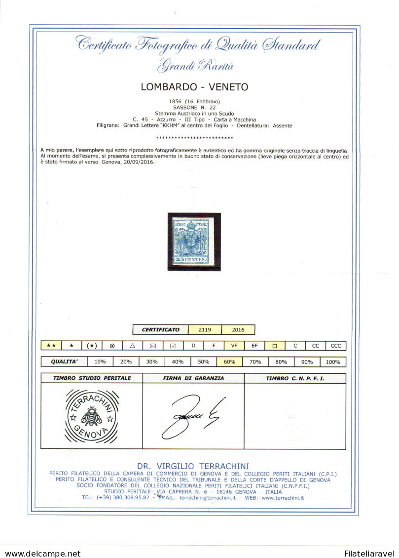 * 1850  Lombardo Veneto 45 Cent Azzurro N12 Sass. Cert. Terrachini Nuovo Con Gomma(III Tipo) (47500) - Lombardo-Vénétie