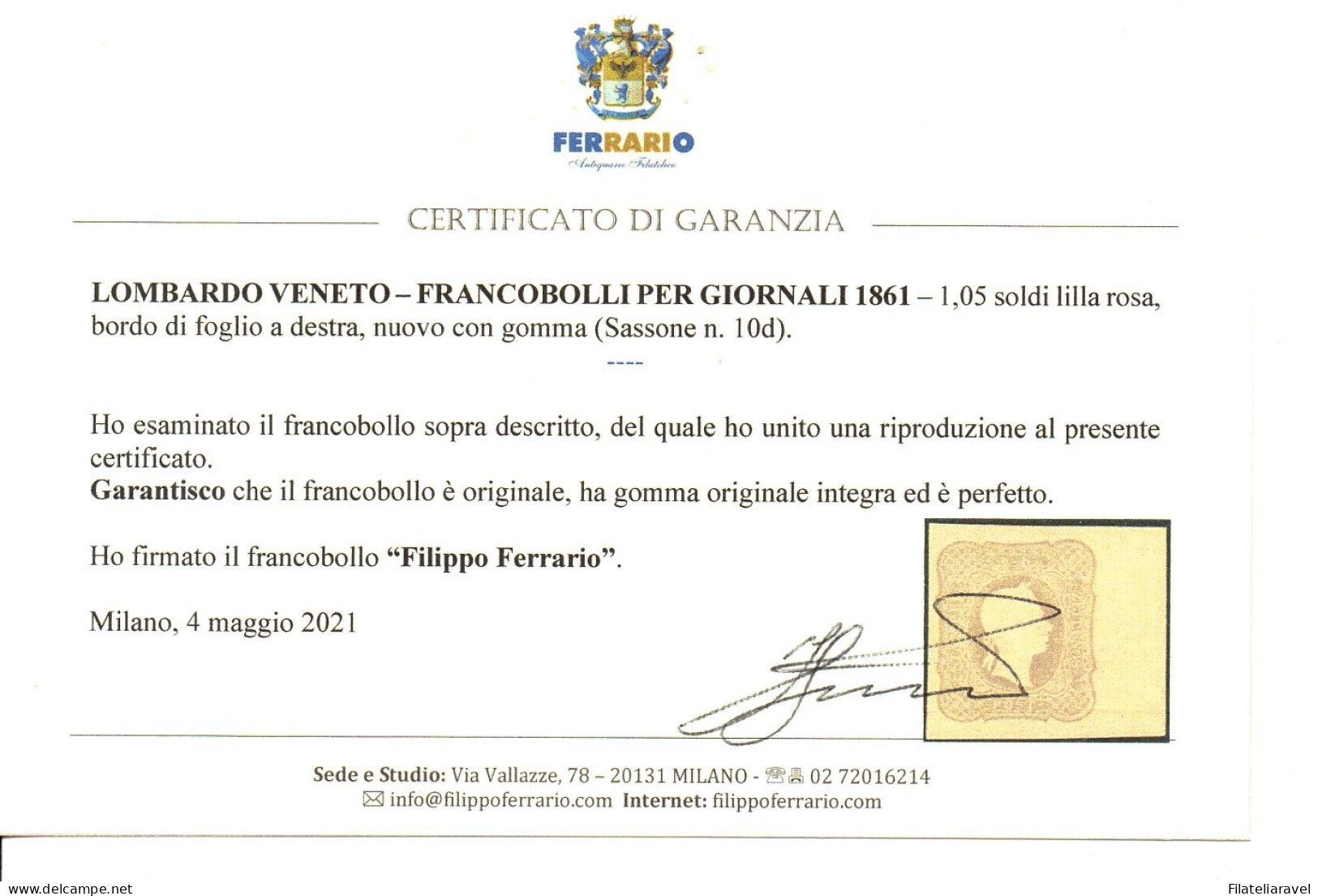 * Lombardo Veneto 1861 Francobolli Per Giornali Sassone N 10 Cert Ferrrario Caffaz (1100) - Lombardo-Veneto