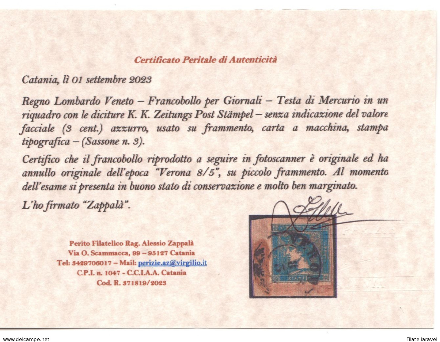 Us Lombardo Veneto  1861 Francobolli Per Giornali Sassone N 1b  Cert Zappala' (600) - Lombardo-Vénétie